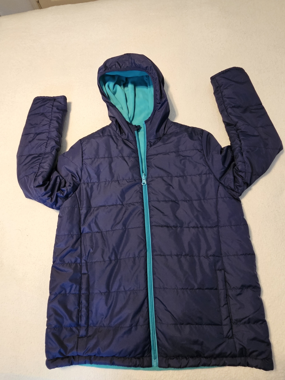 Athletech Girls Hooded Coat Reversible Blue Teal Size Xl 14/16 Pockets Full Zip